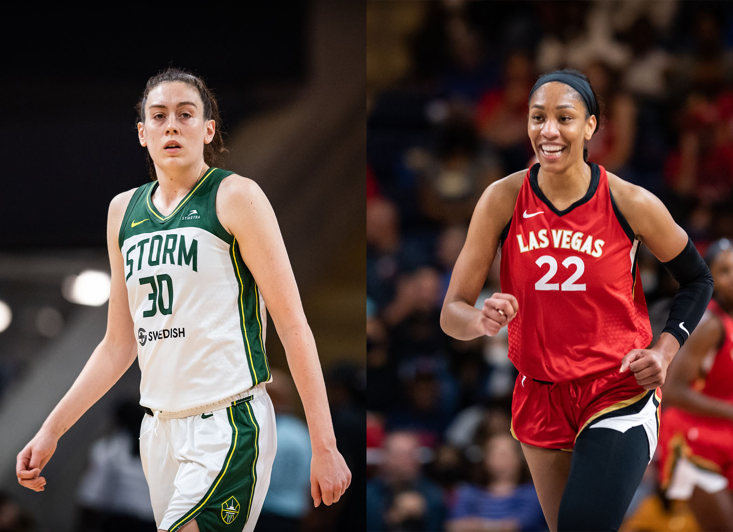 Two pictures side-by-side, of Seattle Storm big wing Breanna Stewart on the left and a smiling and jogging-upcourt Las Vegas Aces center A'ja Wilson on the left