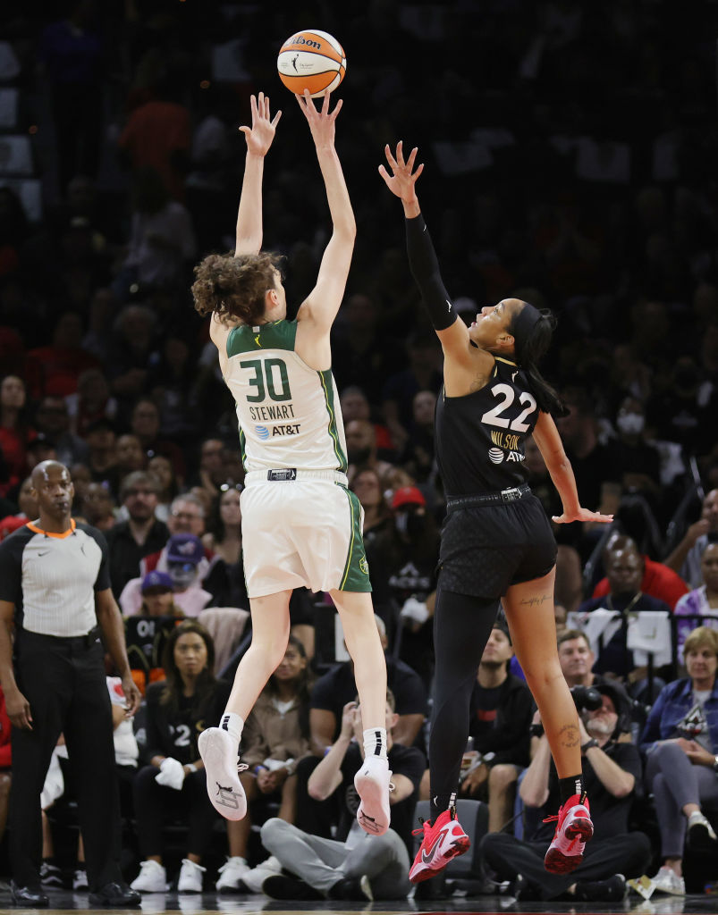 Seattle Storm big wing Breanna Stewart (30) shoots over Las Vegas Aces center A'ja Wilson (22), who contests the shot.