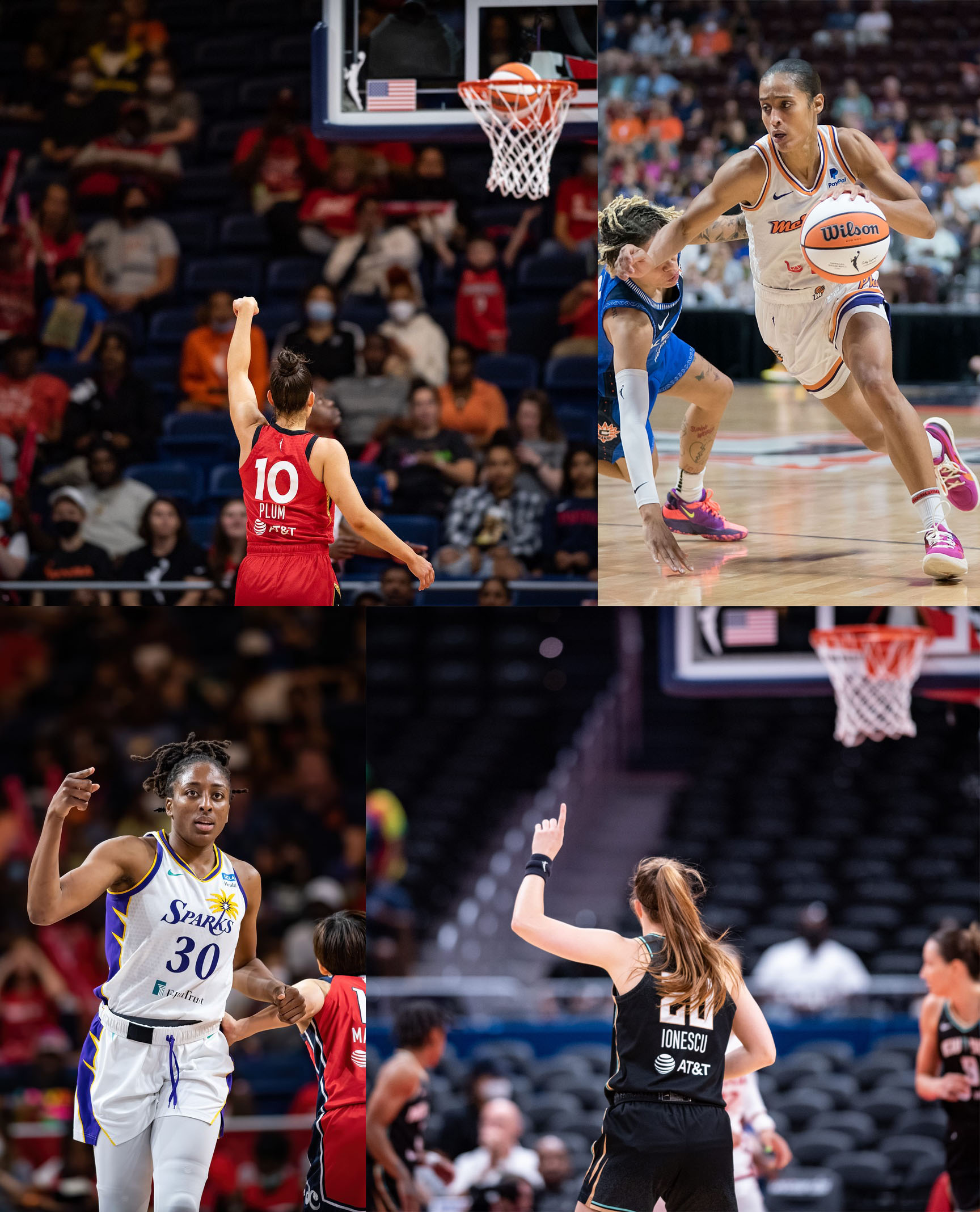 Four images of All-WNBA selections in a collage: on the top-left, a shot of Las Vegas point guard Kelsey Plum from behind, holding her follow-through as the ball falls through the hoop, with fans in the background celebrating but out of focus; on the top-right, Phoenix Mercury point guard Skylar Diggins-Smith drives from the key past Connecticut Sun combo guard Natisha Hiedeman, who is falling over towards her; on the bottom-left, Los Angeles Sparks big Nneka Ogwumike jogs up the court while pointing ahead; on the bottom-right, a shot of New York Liberty combo guard Sabrina Ionescu from behind, holding a finger up while looking out towards her teammates and Washington Mystics players