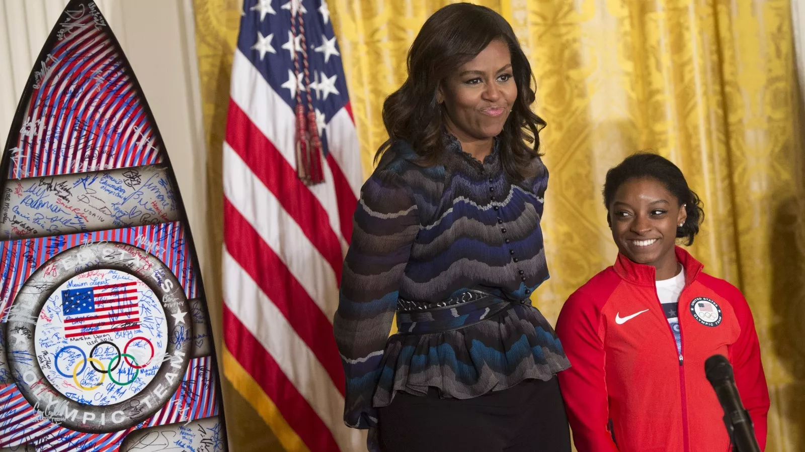Michelle Obama with Simone Biles at a White House ceremony for Rio Olympians in 2017
