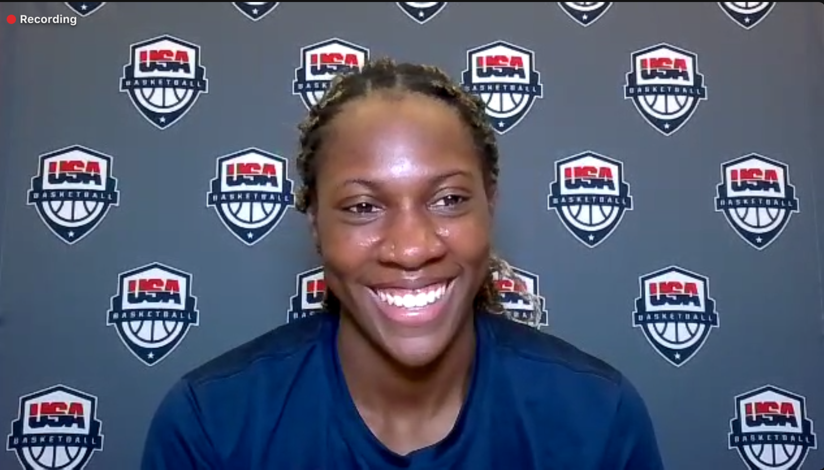 Rhyne Howard is all smiles at media for USAB World Cup training camp (Photo credit: Gabriella Lewis, USAB Zoom)
