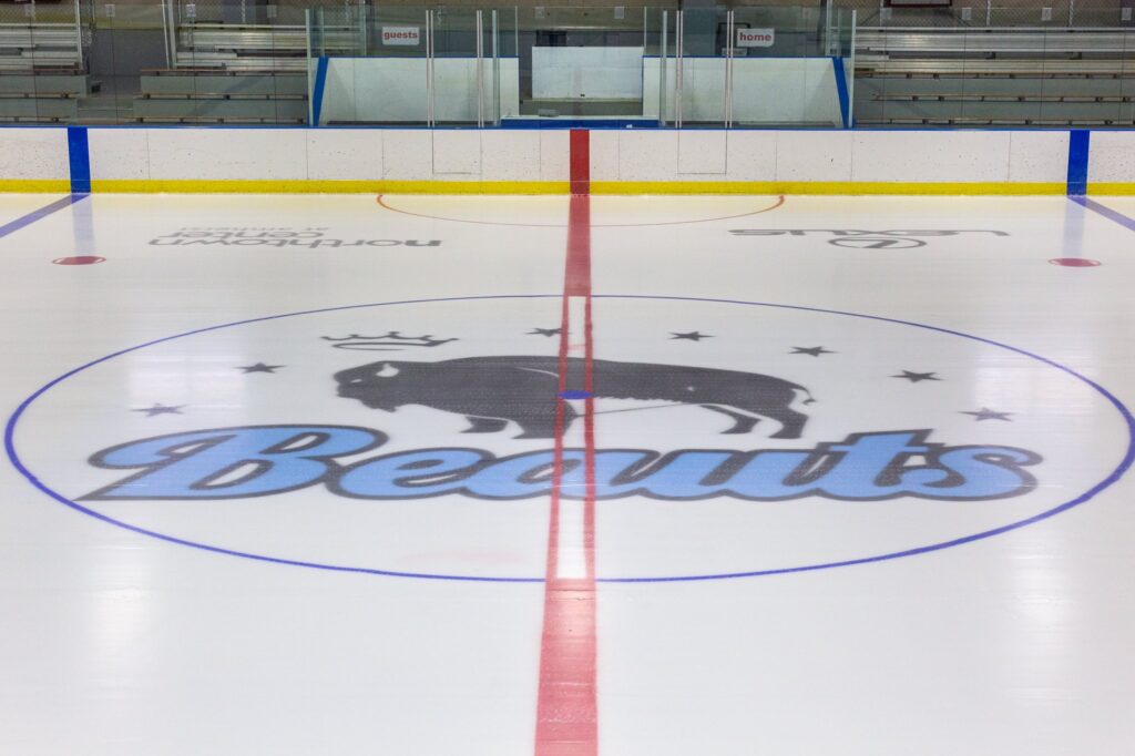 ACHA hockey photo featuring the ice of the Buffalo Beauts logo.