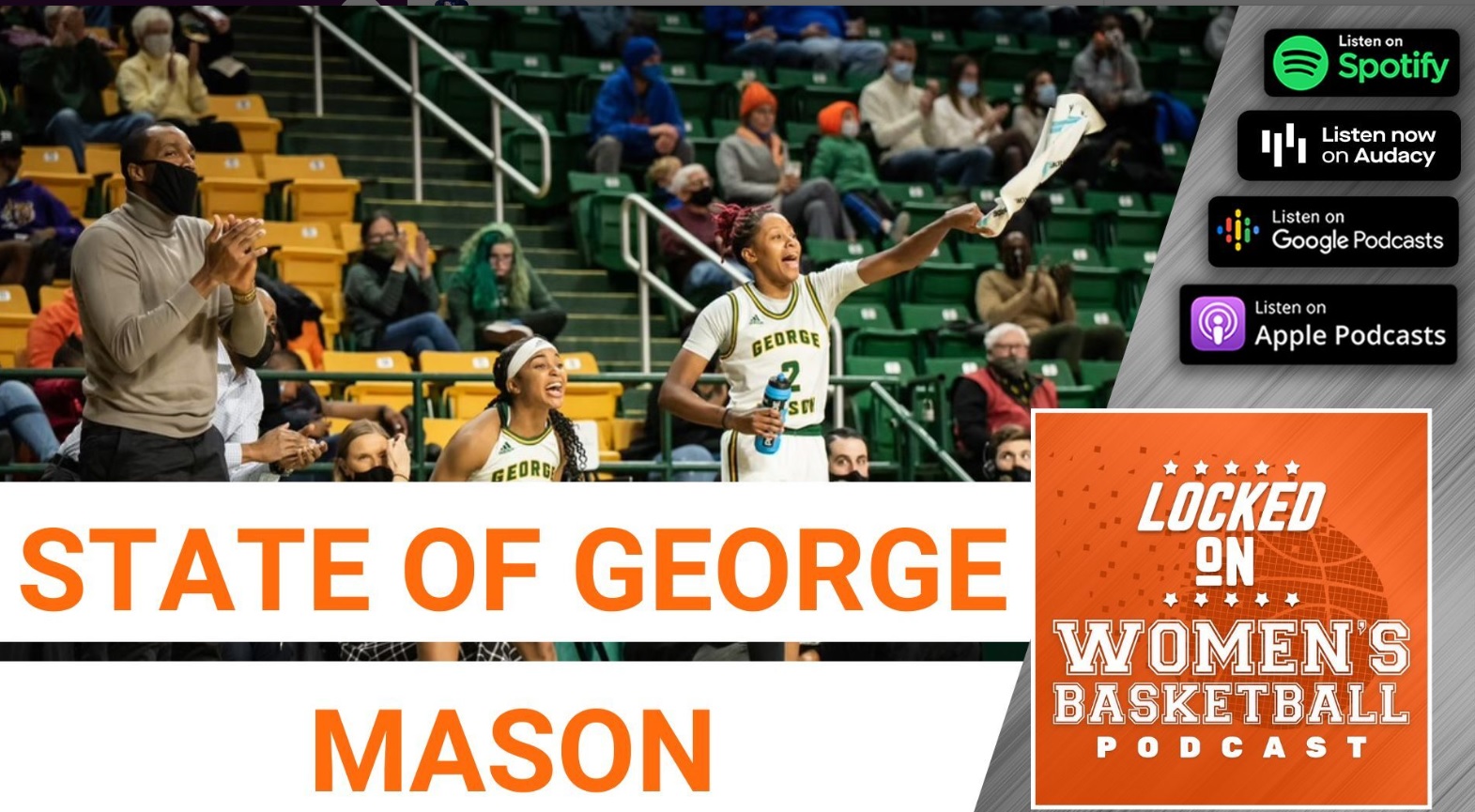 Photo of George Mason women's basketball team as a feature for the Locked on Women's Basketball podcast.