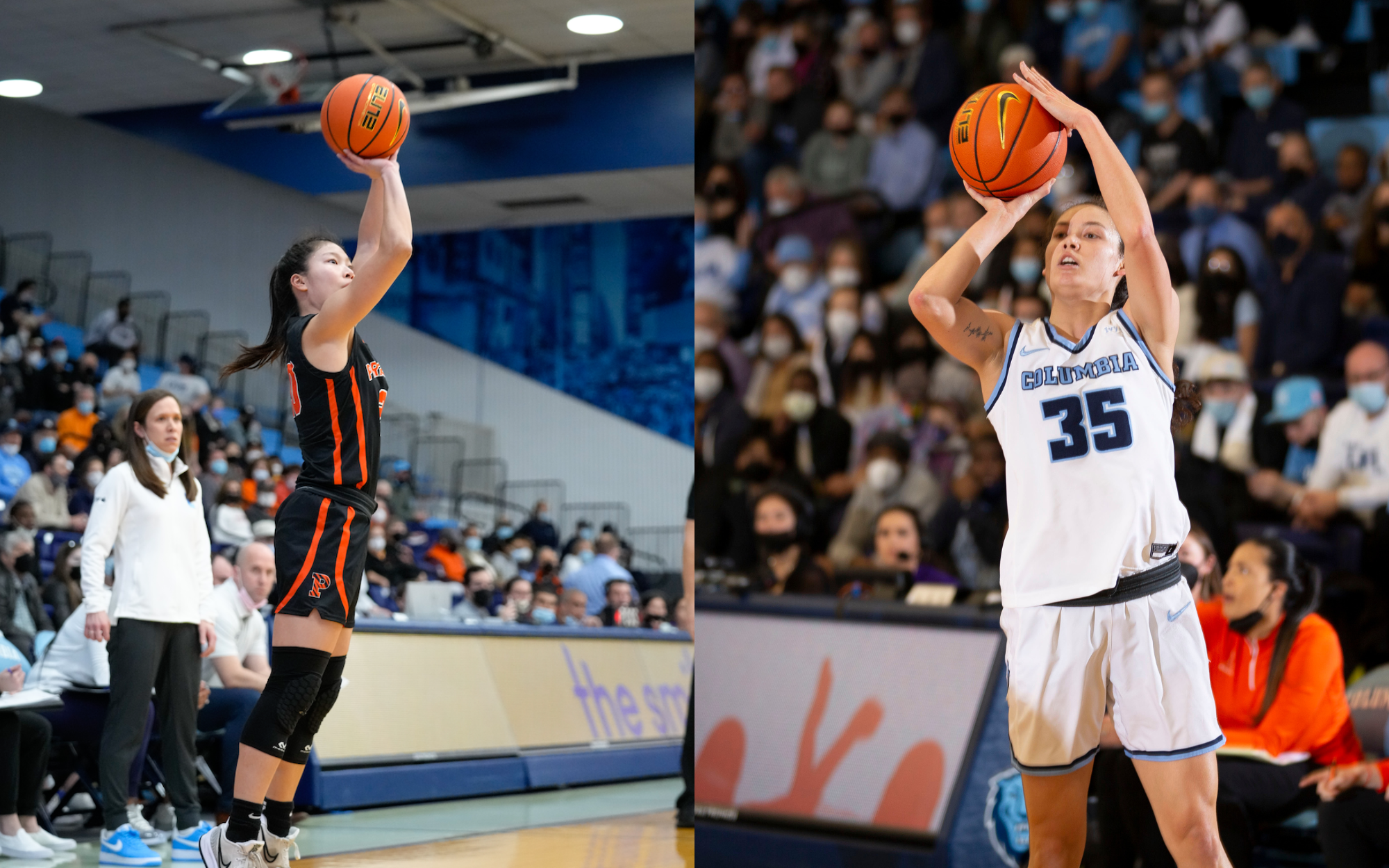 Side-by-side photos of two Ivy League players, Princeton guard Kaitlyn Chen and Columbia guard Abbey Hsu, shooting the ball.