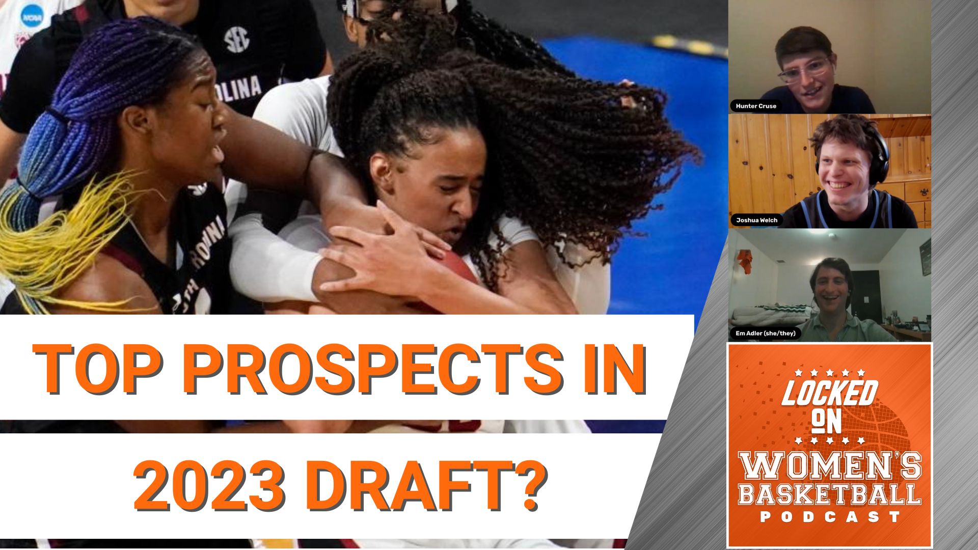 Cover picture featuring a photo of South Carolina center Aliyah Boston and Stanford Cardinal big wing Haley Jones fighting for a jump ball, a couple title lines that say "TOP PROSPECTS IN 2023 DRAFT?"; the "Locked on Women's Basketball Podcast" logo; and pictures of co-hosts Hunter Cruse, Joshua Welch, and Em Adler laughing