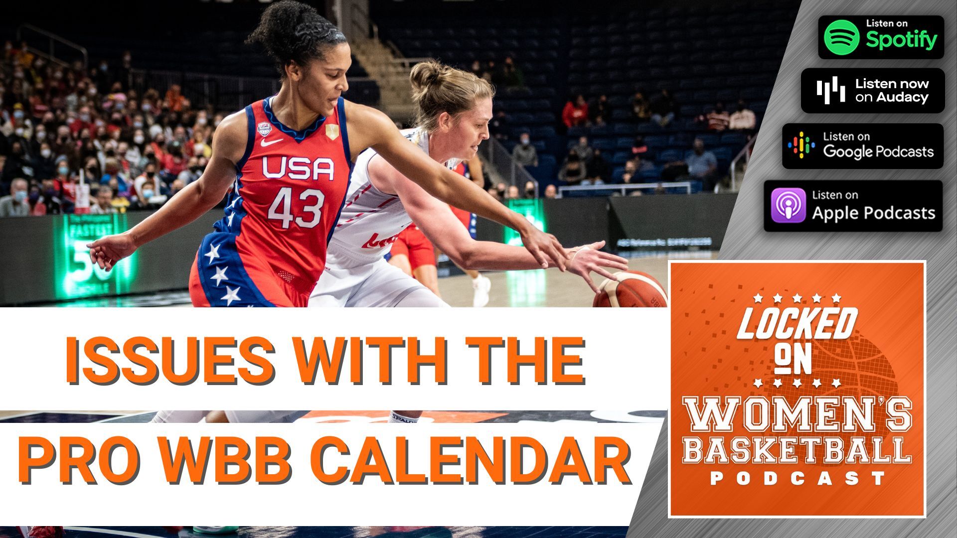 Thumbnail preview for the Locked on Women's Basketball podcast episode covering the women's basketball pro schedule in the US and abroad.