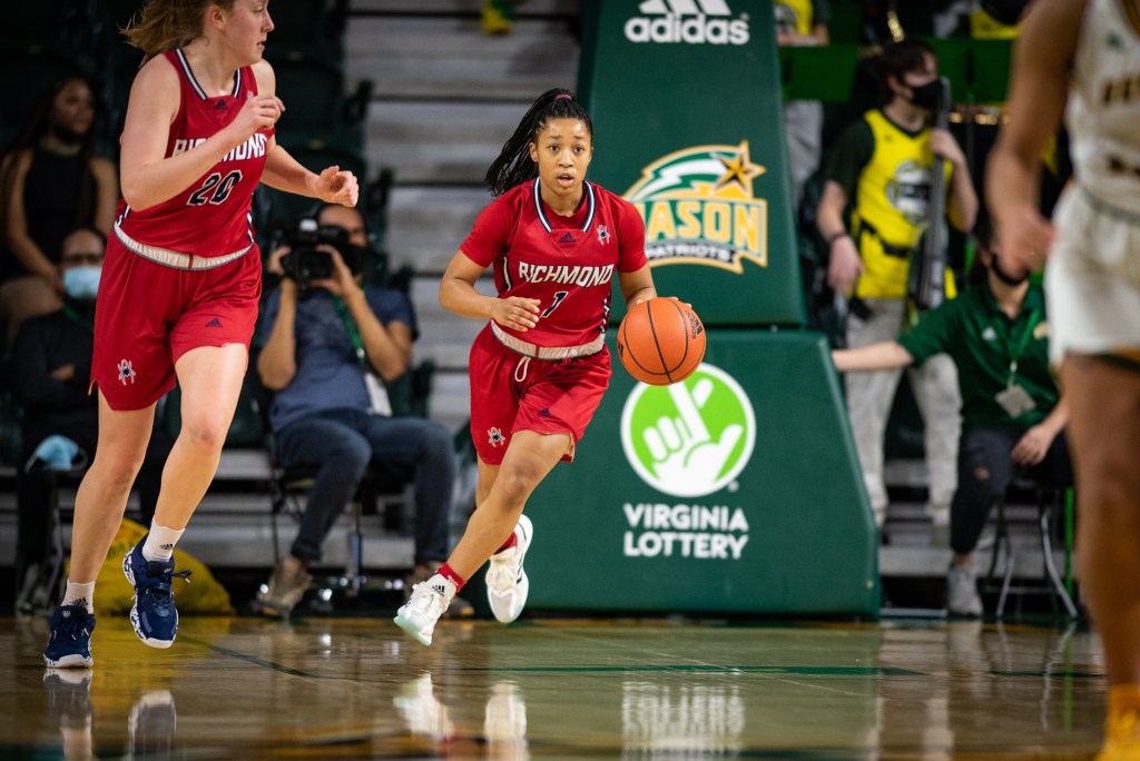 Grace Townsend brings the ball up the court against George Mason on January 19. 2022