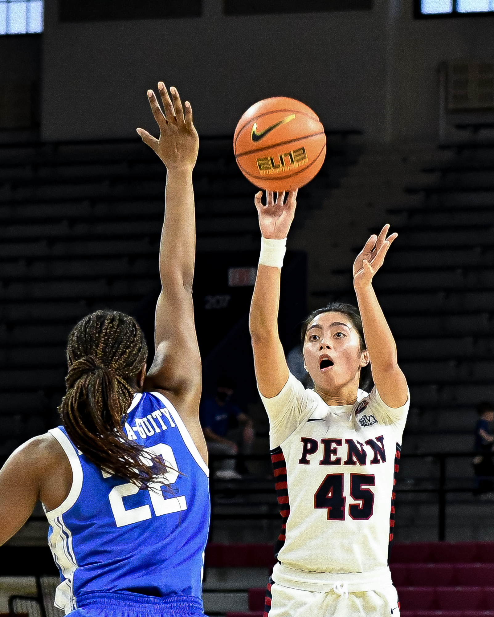 Penn guard Kayla Padilla (45) shoots over Duke center Amaya Finklea-Guity (22).