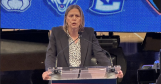 Val Ackerman speaks at BIG EAST Media Day, October 18, 2022. (Tee Baker photo)