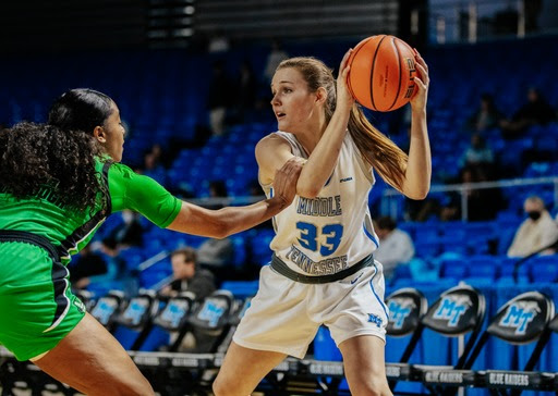 Middle Tennessee's Courtney Whitson holds the ball near her head with both hands and surveys her options.
