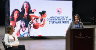 Connecticut Sun President Jennifer Rizzotti introduces Stephanie White during the Connecticut Sun press conference announcing Stephanie White as the new head coach at Mohegan Sun Arena, Uncasville, Connecticut, USA on November 22, 2022. Photo Credit: Chris Poss