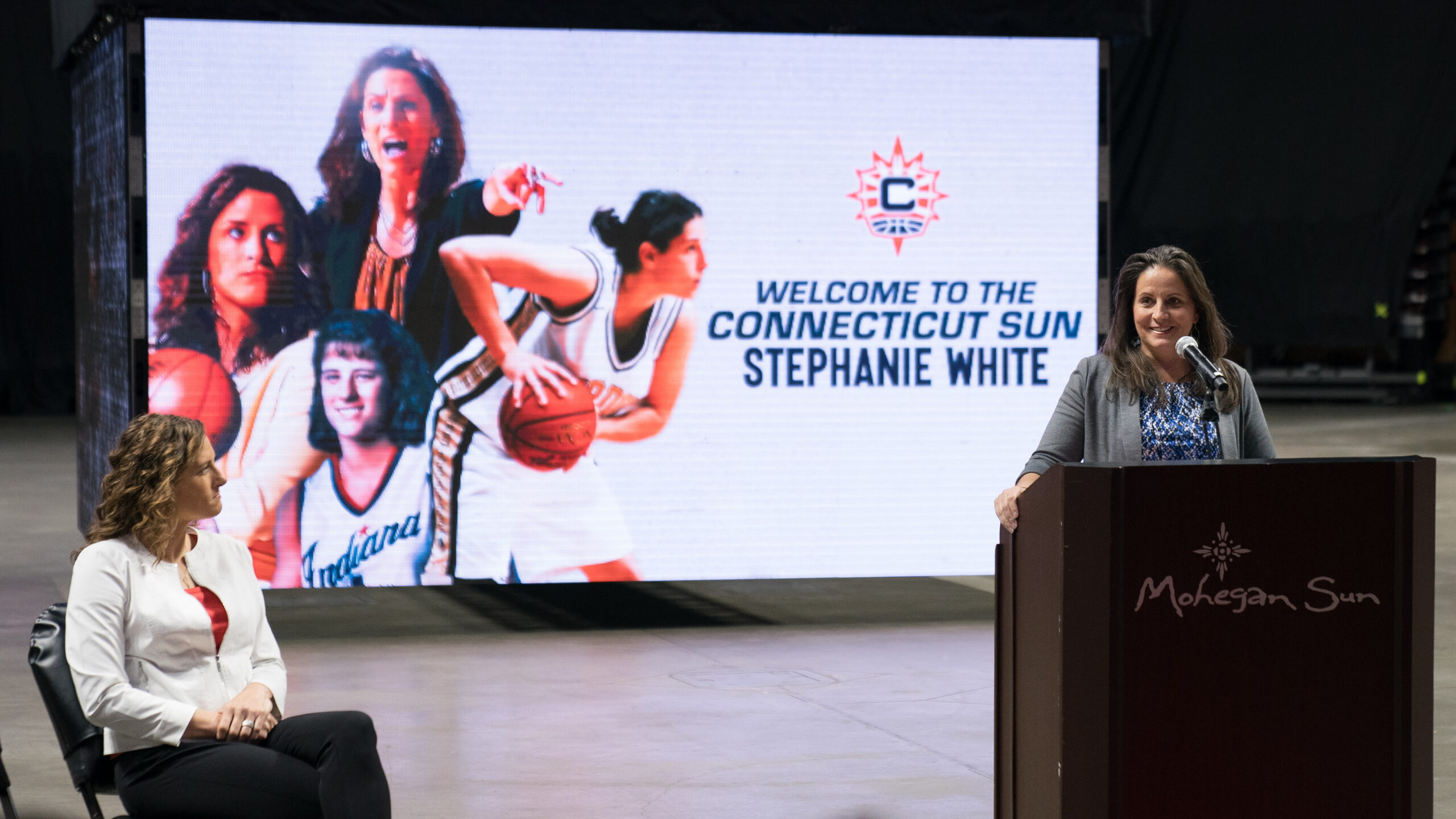 Connecticut Sun President Jennifer Rizzotti introduces Stephanie White during the Connecticut Sun press conference announcing Stephanie White as the new head coach at Mohegan Sun Arena, Uncasville, Connecticut, USA on November 22, 2022. Photo Credit: Chris Poss