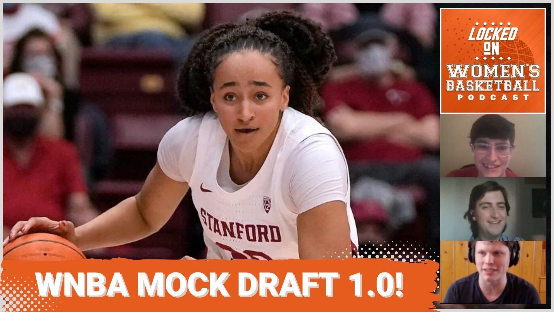 Stanford wing Haley Jones dribbles the ball, with the text "WNBA Mock Draft 1.0" in all caps overlaid below and the Locked On Women's Basketball logo in the top right corner.