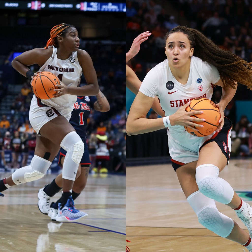 Two pictures of 2023 WNBA draft prospects side-by-side: on the left, Aliyah Boston carries the ball as she strides past a defender and towards the rim; on the right, Stanford Cardinal big wing Haley Jones holds the ball by her midsections as she drives forward past the free-throw line while looking ahead