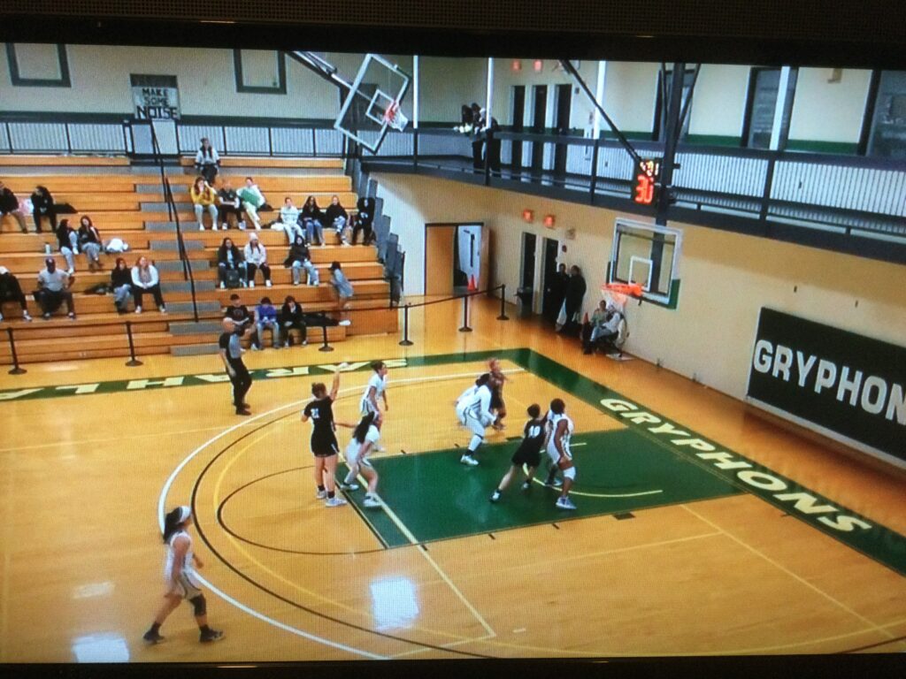 Maggy Payton of Bard sinks a free throw against Sarah Lawrence, November 15, 2022. (Screenshot from Sarah Lawrence feed)