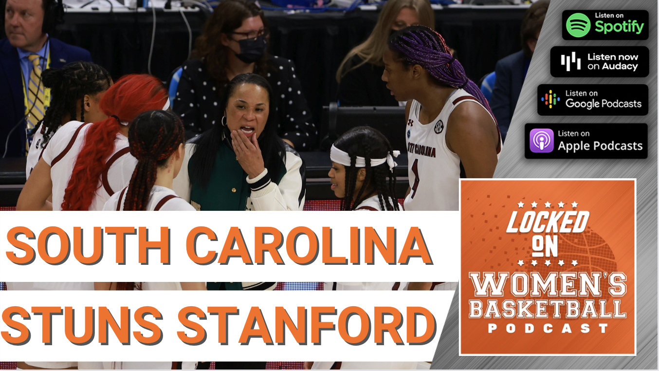 South Carolina head coach Dawn Staley puts her hand to her chin as five of her players huddle around her. Headline: South Carolina stuns Stanford