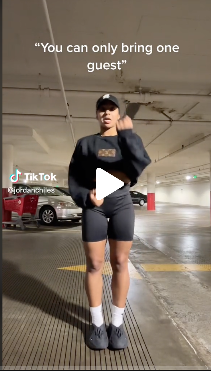 Gymnastics Saturday post featuring Jordan Chiles doing a TikTok in a parking garage.