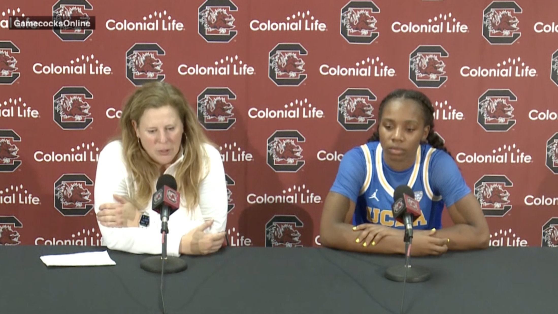 Cori Close and Charisma Osborne of UCLA speak to the media following a 73-64 loss to South Carolina. (Photo via UCLA Athletics)