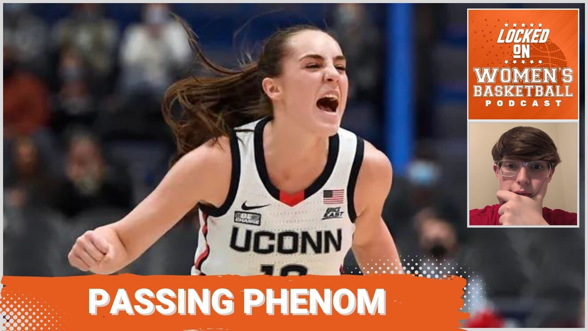 UConn's Nika Mühl yells in celebration. The caption "Passing Phenom" is below her photo in all caps, and the Locked on Women's Basketball logo is in the upper right corner.