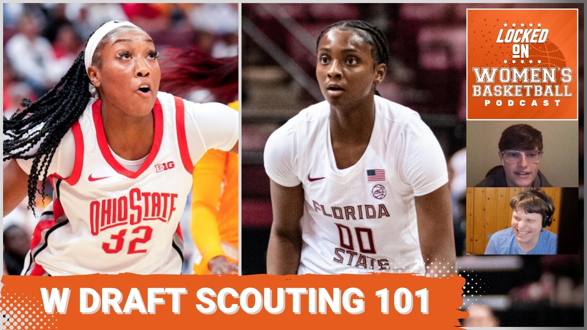 Ohio State forward Cotie McMahon and Florida State guard Ta'Niya Latson are pictured in game action with the headline "W Draft Scouting 101" underneath in all caps. The Locked on Women's Basketball logo is in the upper right corner.