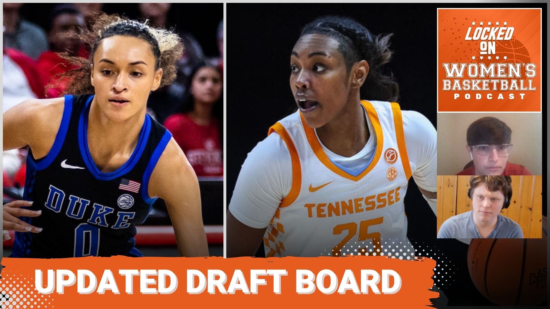Duke guard Celeste Taylor and Tennessee guard Jordan Horston are both shown in close-up photos from game action. The text "Updated draft board" is overlaid at the bottom in all caps, and the Locked on Women's Basketball logo is in the upper right corner.