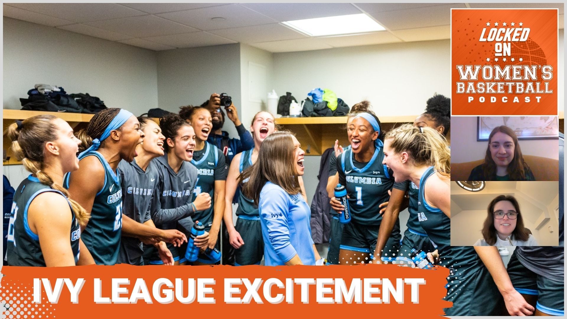 A preview thumbnail for the Locked on Women's Basketball episode titled "Ivy League excitement" featuring a picture of the Columbia women's basketball team celebrating in a locker room.