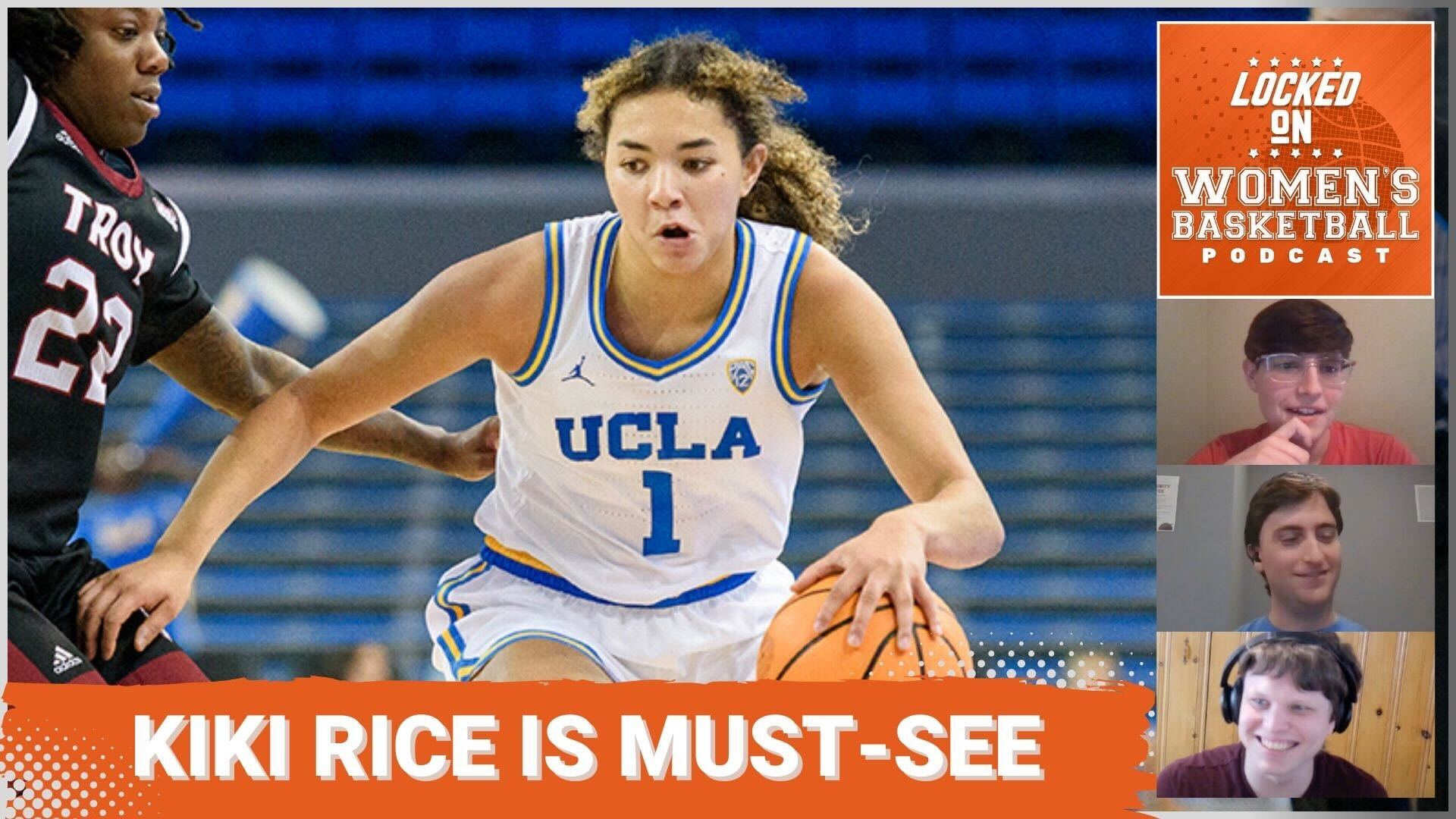 UCLA freshman Kiki Rice handles the ball. The text "Kiki Rice is must-see" is overlaid in all caps, and the Locked on Women's Basketball logo is in the upper right corner.