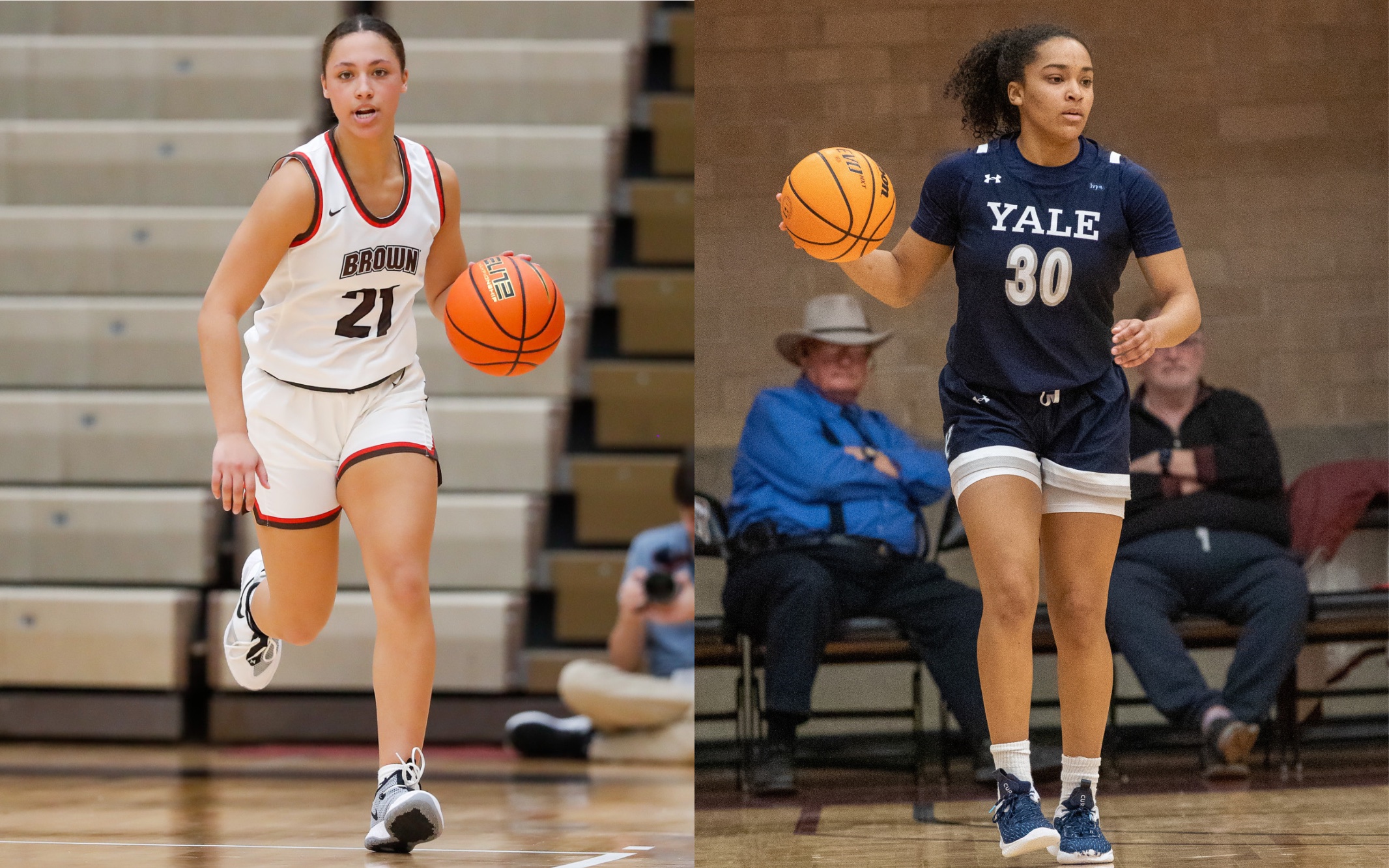 Brown guard Grace Arnolie (left) and Yale guard Nyla McGill (right) handle the ball for their respective teams.