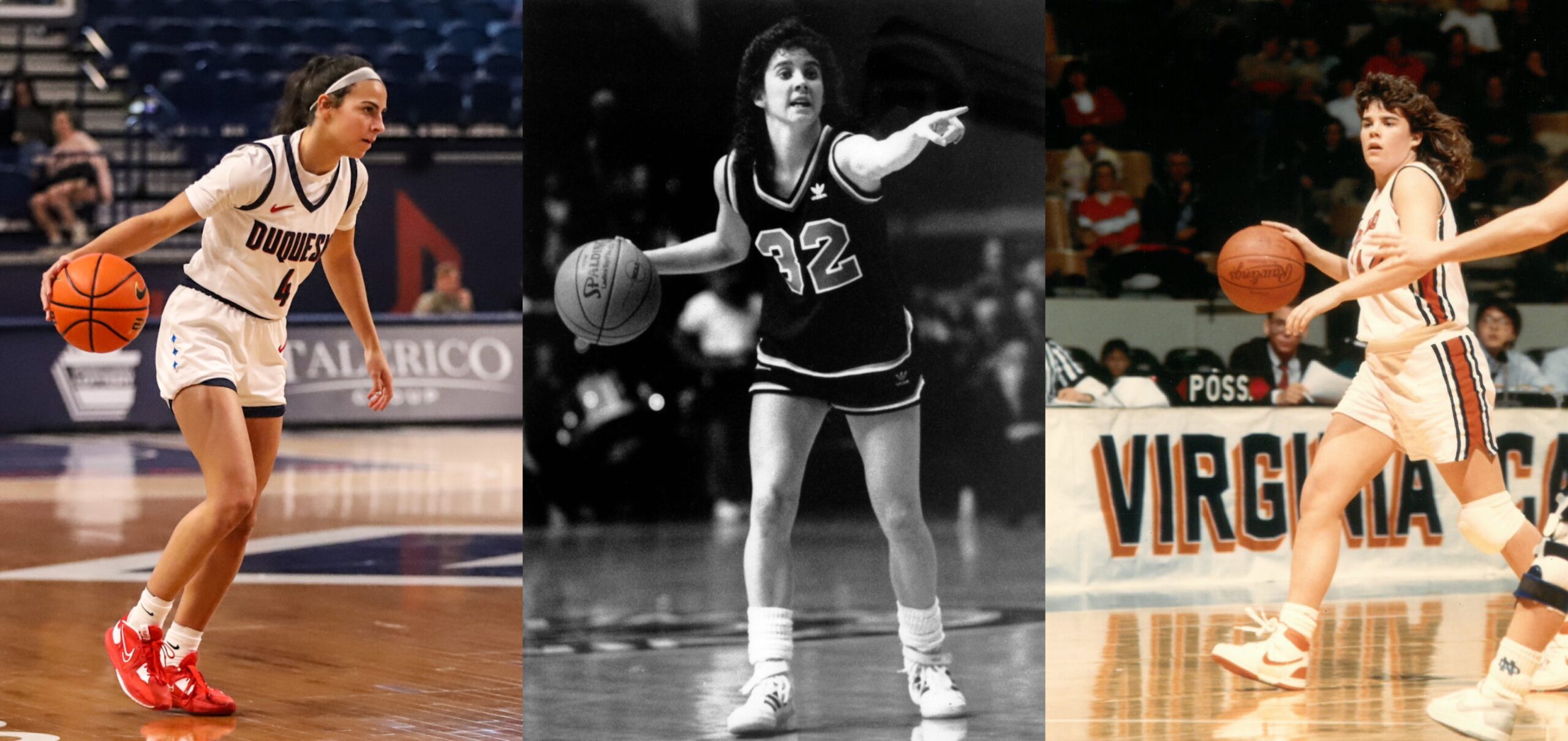 Three side-by-side photos of Megan McConnell, Suzie McConnell Serio and Kathy McConnell-Miller dribbling the ball as college players. McConnell Serio's photo is in black and white and shows her pointing with her off hand.