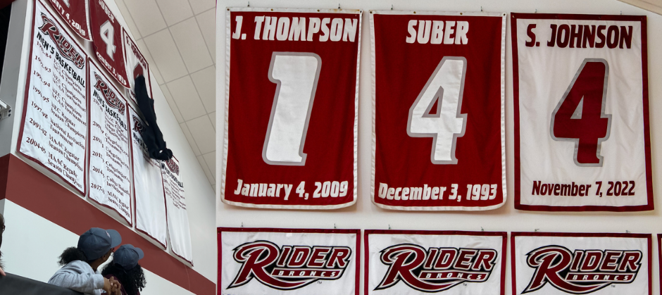 (Left) A black cloth is pulled away to reveal Stella Johnson's retired jersey. Two fans watch from below. (Right) Stella Johnson's jersey retired at Alumni Gymnasium. The flag representing her jersey is white with maroon lettering (top: S. Johnson; bottom: November 7, 2022) and her number, 4, is large in the center with grey outlining. Johnson's jersey sits next to two other retired jerseys for J. Thompson (1) and Suber (4), two men's basketball players.