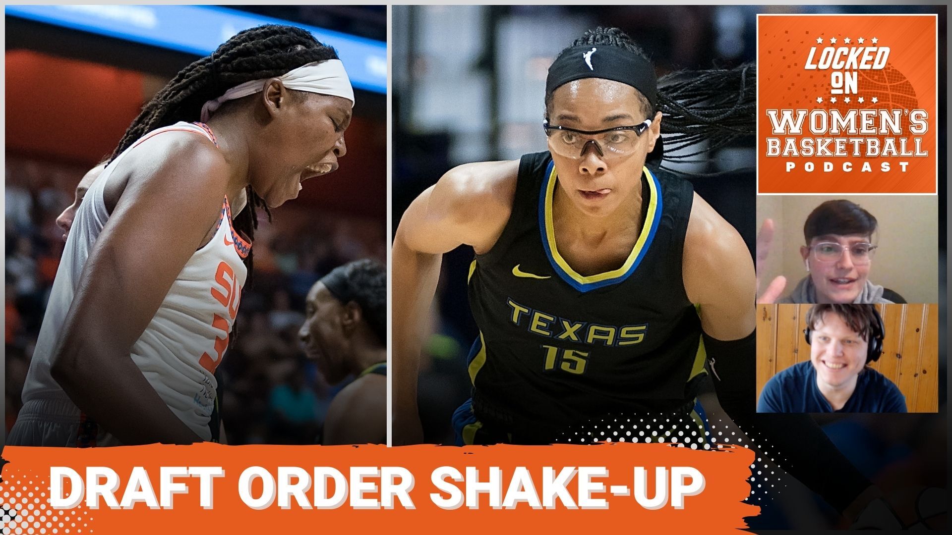Two photos are shown side-by-side: Jonquel Jones is shown in profile as she lets out a yell; Allisha Gray dribbles the ball. The text "Draft order shake-up" is overlaid at the bottom in all caps, and the Locked on Women's Basketball logo is in the upper right corner.