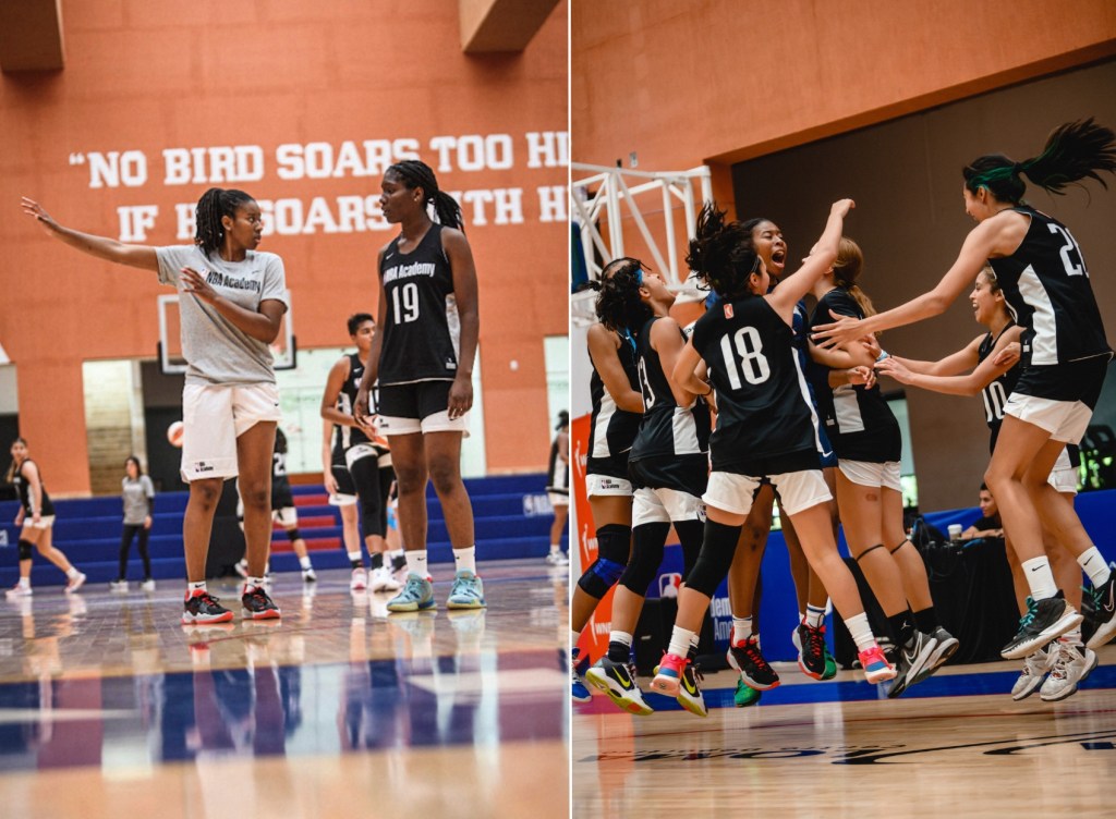 Two photos are displayed side-by-side. At left, Ariel Atkins gestures to a player. At right, Atkins celebrates with her team.