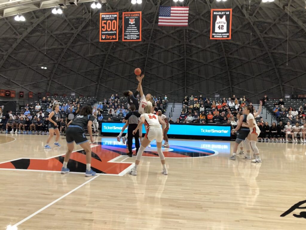 Tipoff between Columbia and Princeton at Jadwin Gym, Jan. 6, 2023. (Howard Megdal photo)