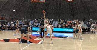 Tipoff between Columbia and Princeton at Jadwin Gym, Jan. 6, 2023. (Howard Megdal photo)