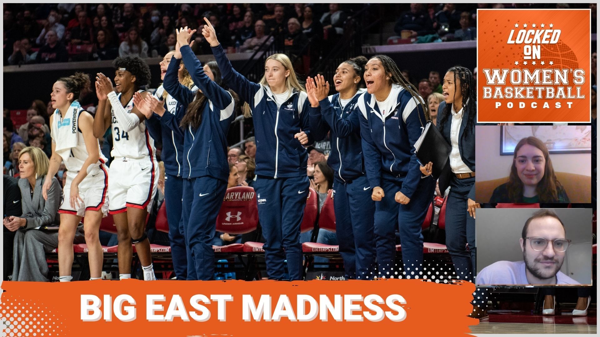 The preview thumbnail for the Big East Chaos episode of the Locked on Women's Basketball podcast, featuring a photo of many of UConn's best players on the sidelines