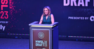 Jan 12, 2023; Philadelphia, Pennsylvania, USA; NWSL commissioner Jessica Berman speaks during the NWSL Draft at Pennsylvania Convention Center. Mandatory Credit: Kyle Ross-USA TODAY Sports