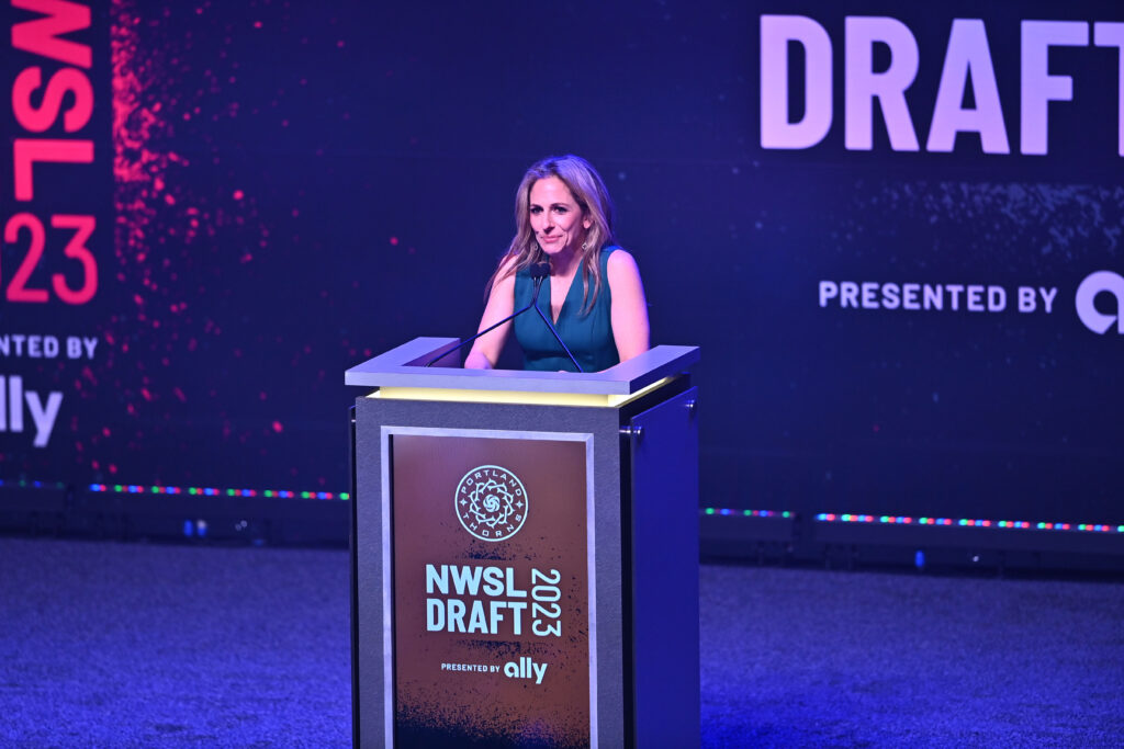 Jan 12, 2023; Philadelphia, Pennsylvania, USA; NWSL commissioner Jessica Berman speaks during the NWSL Draft at Pennsylvania Convention Center. Mandatory Credit: Kyle Ross-USA TODAY Sports
