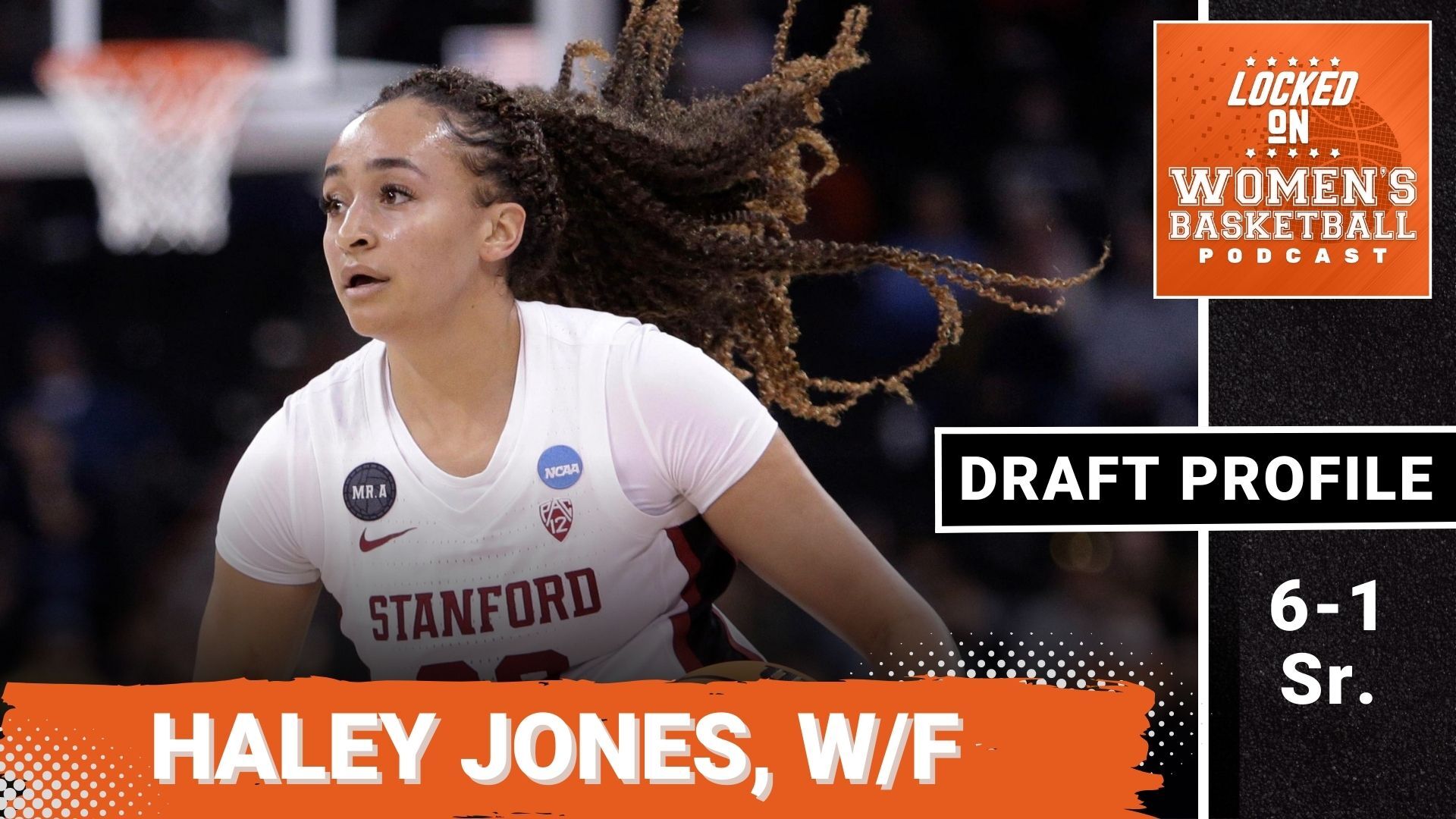 Haley Jones scans the court. The text "Haley Jones, W/F" is overlaid at the bottom in all caps; the Locked On Women's basketball logo is in the top right corner; and "Draft Profile, 6'1 Sr." is below that.
