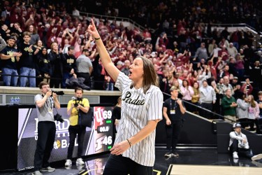 Katie Gearlds fires up the crowd during Purdue's home game against Indiana.