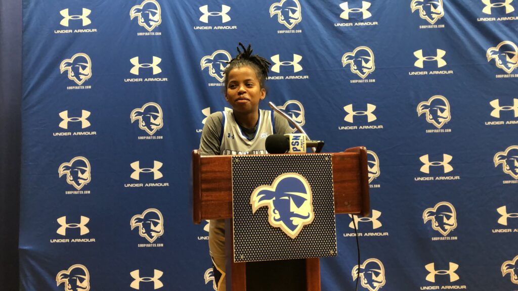 Lauren Park-Lane speaks to the media after scoring 39 points in Seton Hall's 89-82 win over DePaul on Monday, Feb. 13, 2023. (Howard Megdal photo)