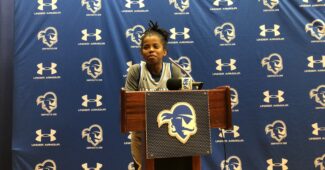 Lauren Park-Lane speaks to the media after scoring 39 points in Seton Hall's 89-82 win over DePaul on Monday, Feb. 13, 2023. (Howard Megdal photo)