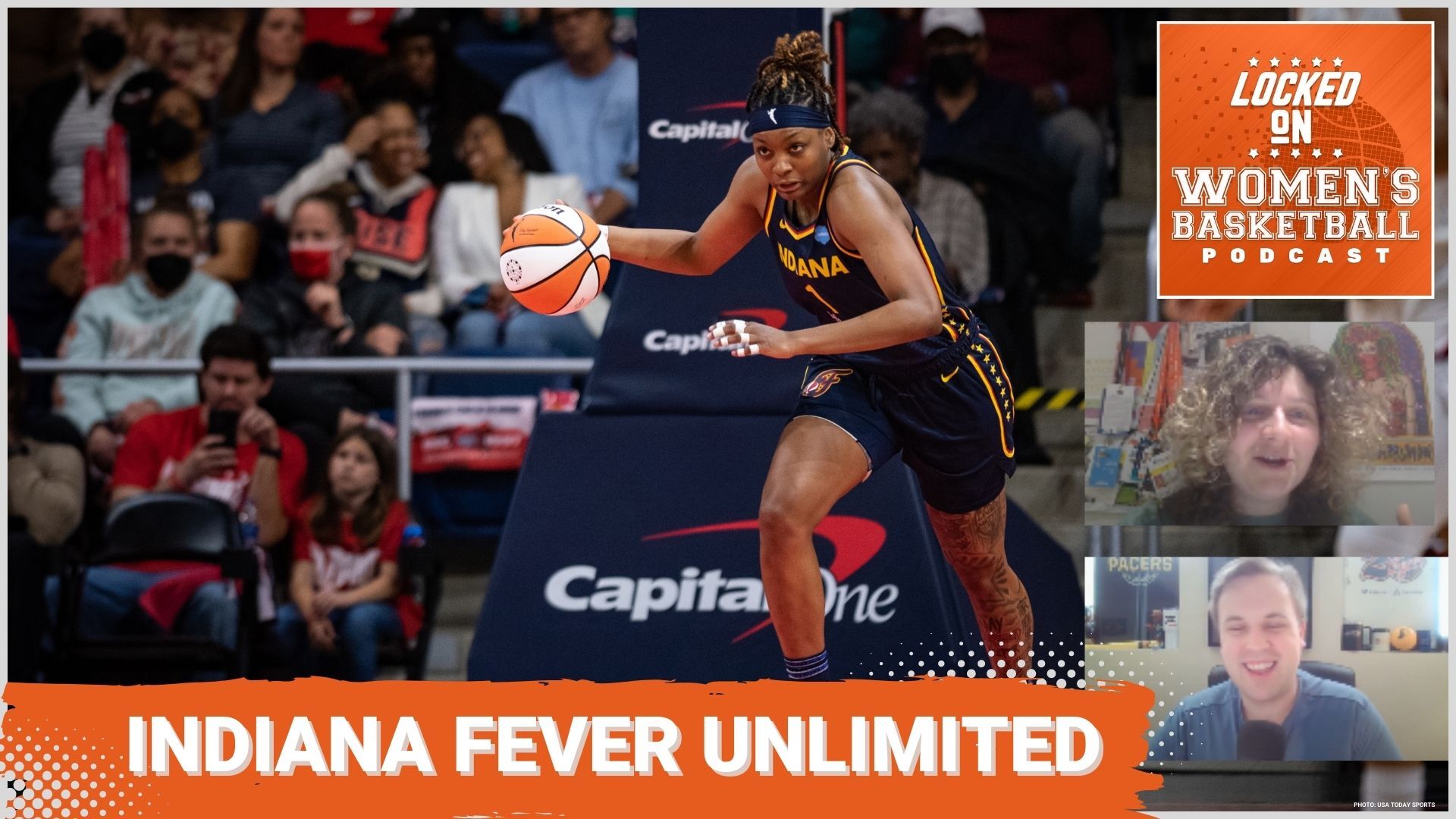 A photo of the Indiana Fever's NaLyssa Smith dribbling up the court in a preview thumbnail for the Locked on Women's Basketball Podcast
