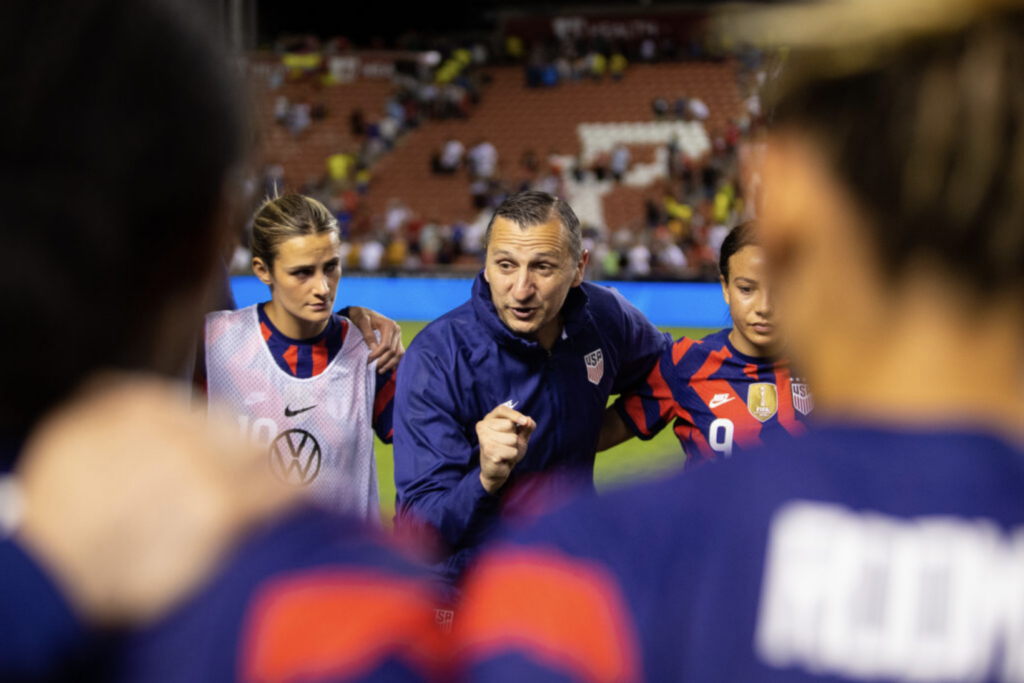 SANDY, UT - JUNE 28: United States Head Coach, Vlatko Andonovski, talks with player after a game between Colombia and USWNT at Rio Tinto Stadium on June 28, 2022 in Sandy, Utah.