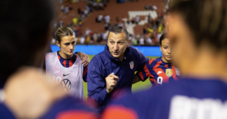 SANDY, UT - JUNE 28: United States Head Coach, Vlatko Andonovski, talks with player after a game between Colombia and USWNT at Rio Tinto Stadium on June 28, 2022 in Sandy, Utah.