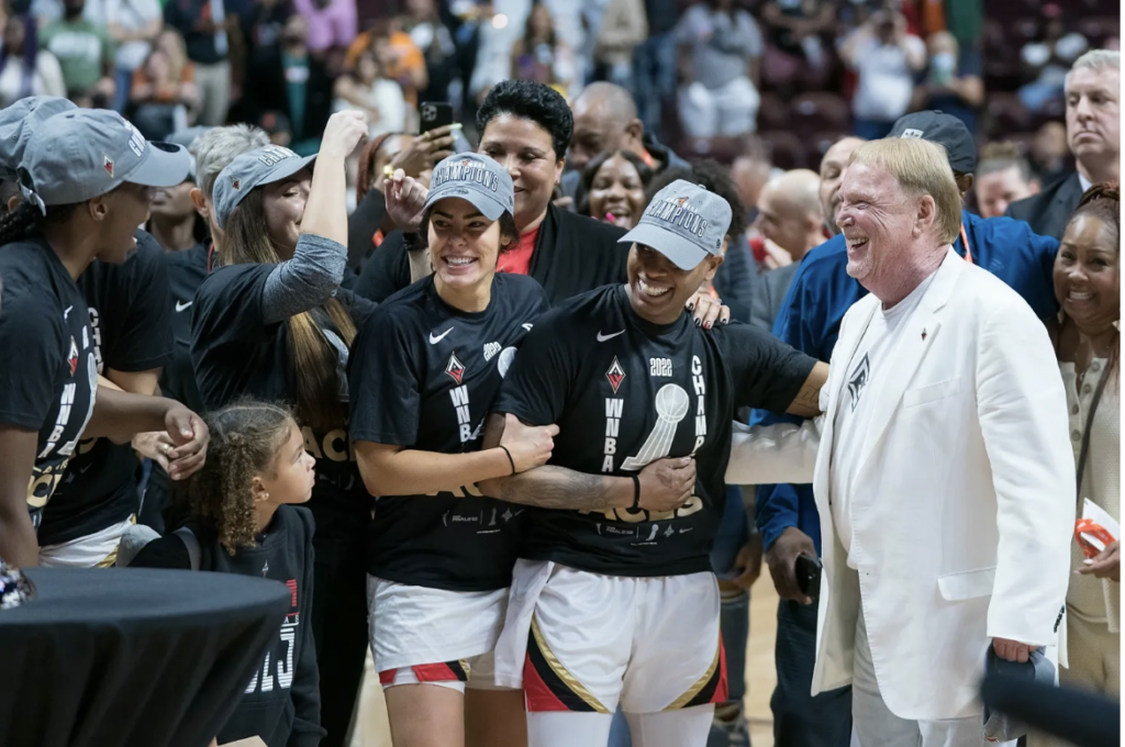 Las Vegas Aces owner Mark Davis celebrates after the Aces won the 2022 WNBA Championship series against the Connecticut Sun at Mohegan Sun Arena in Uncasville, Conn., on Sept. 18, 2022. (Photo credit: Chris Poss)