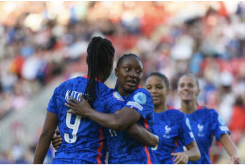 Marie-Antoinette Katoto (9 France) and Kadidiatou Diani (11 France) after the second goal of France during the UEFA Womens Euro 2022 football match between France and Italy at New York Stadium in Rotherham, England. (Sven Beyrich /Sportfrauen /SPP)