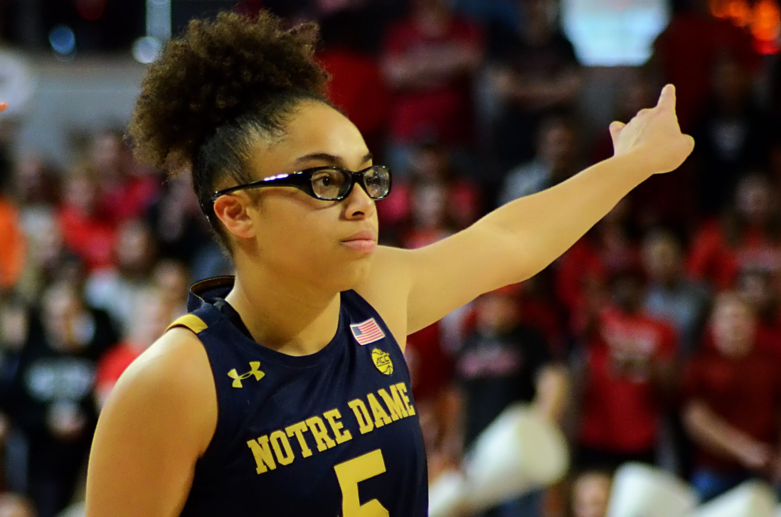 Notre Dame guard Olivia Miles directs traffic during a regular season matchup against N.C. State on Jan. 29, 2023 in Raleigh. (Mitchell Northam / The Next)