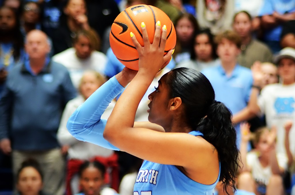 Deja Kelly shoots a free throw in the fourth quarter of UNC vs. Duke in Durham on Feb. 26, 2023. (Mitchell Northam / The Next)