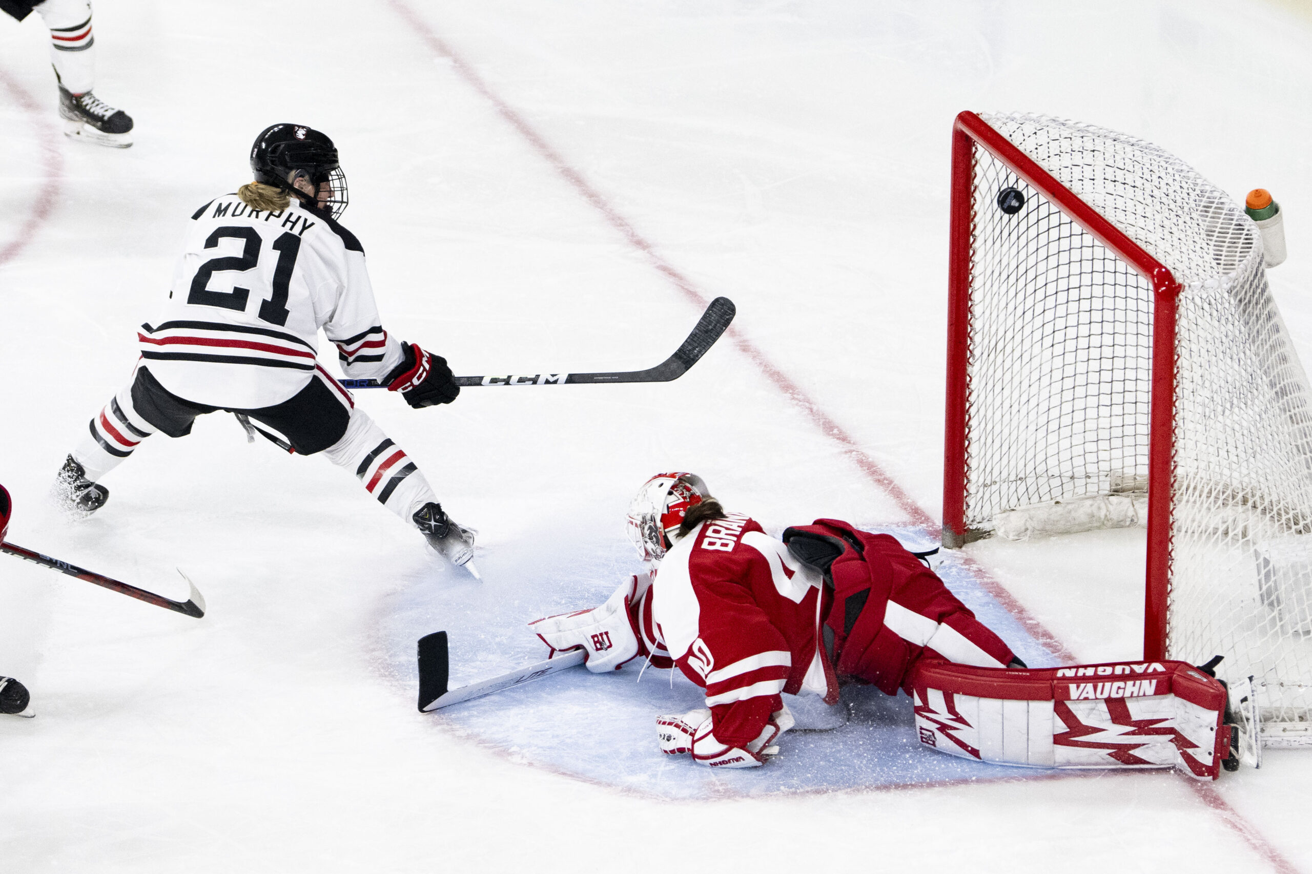 Northeastern hockey players score a goal at a recent game.