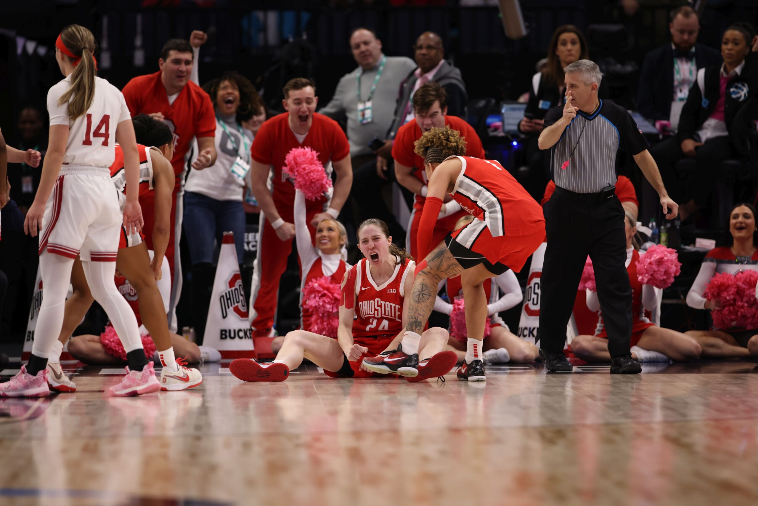 Ohio State's Taylor Mikesell celebrates after a big basket as the Buckeyes completed the biggest comeback in Big Ten Conference Tournament history against Indiana at the Target Center in Minneapolis. (Photo Credit: John McClellan)